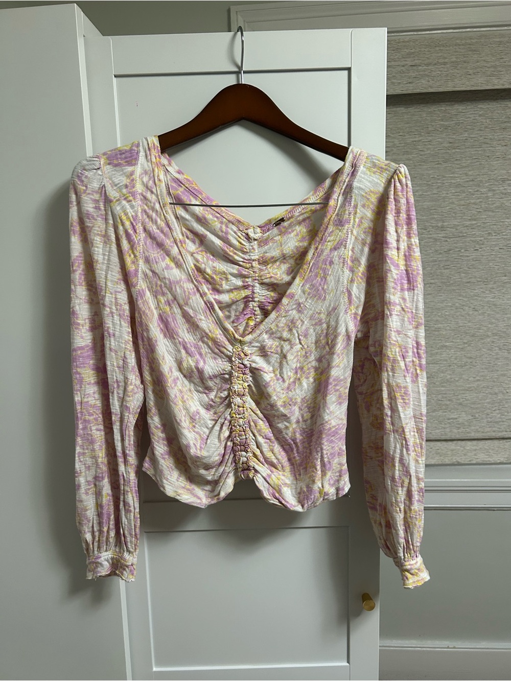 Free People Floral Ruched V-Neck Blouse
